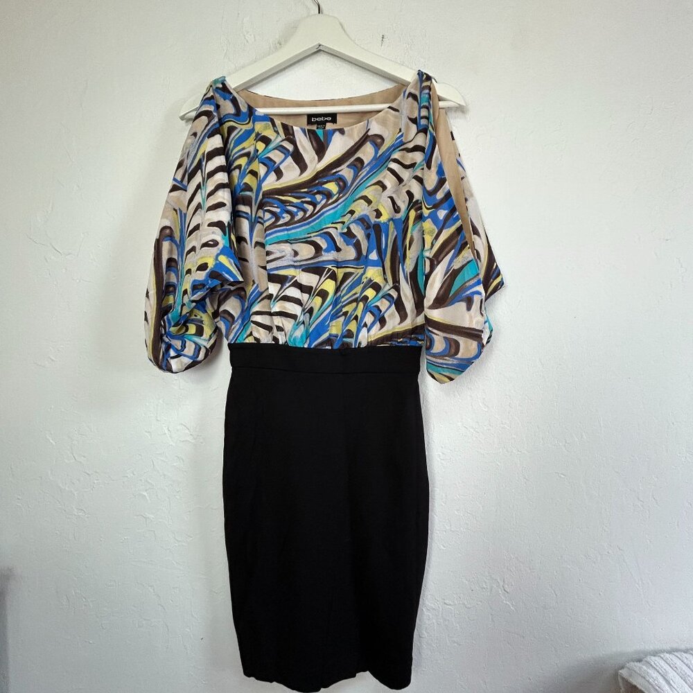Bebe Womens Black/Multi Pencil Dress Size XXS Party Cocktail Mini Cold Shoulder